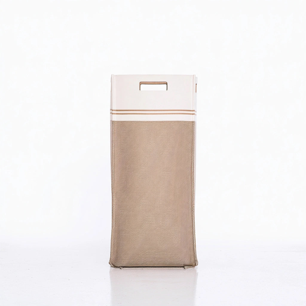 Gray braided rope laundry hamper with multiple compartments, rectangular shape, designed for organized laundry storage.