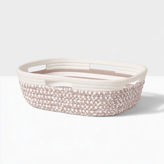 Gray woven rope laundry basket with compartments, rectangular design, from thestudyandstool, ideal for organizing laundry or storage.