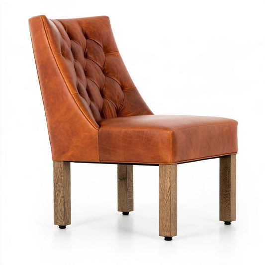 Thestudyandstool cognac brown leather dining chair with upholstered seat and backrest, stylish and comfortable for modern kitchens.