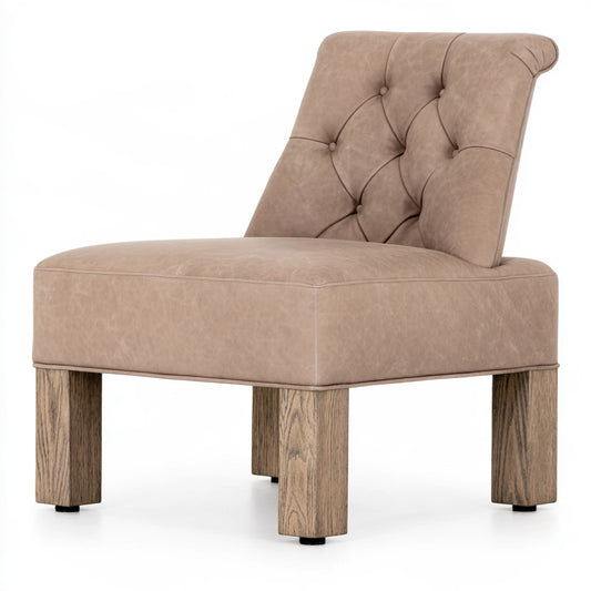 Thestudyandstool leather dining chair in cognac brown with upholstered tan leather seat and back, modern and stylish for dining rooms.