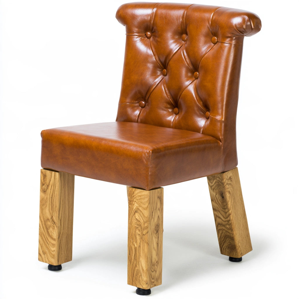 Thestudyandstool leather dining chair in cognac brown with tan upholstery, showcasing elegant, comfortable kitchen and dining room seating