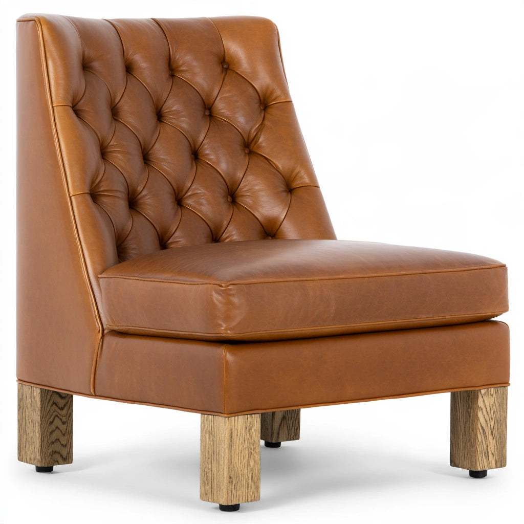 Thestudyandstool leather dining chair in cognac brown with upholstered seat and back for a stylish kitchen or dining room.