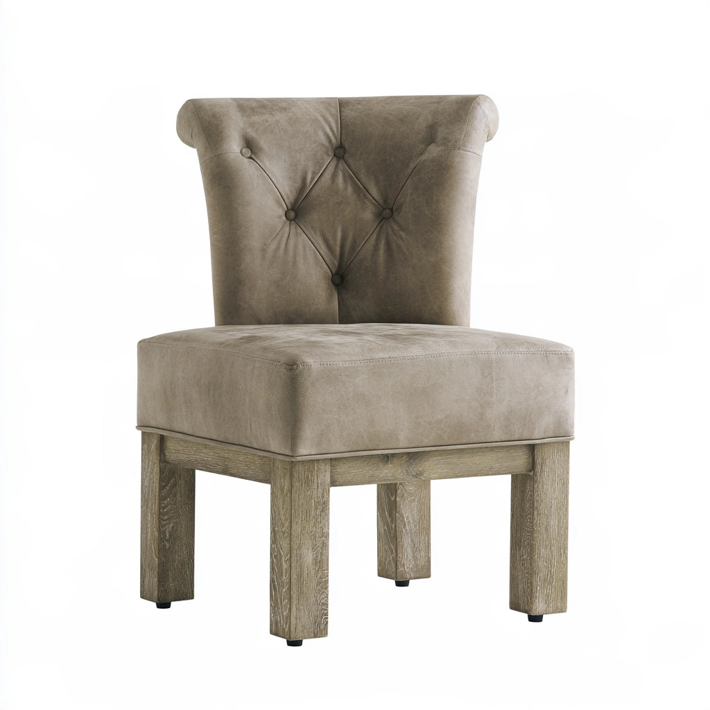 Thestudyandstool cognac brown leather dining chair with upholstered seat and back, modern design for kitchen or dining room.
