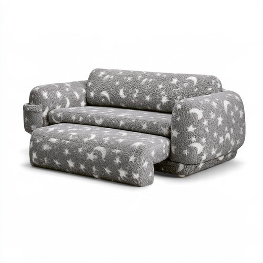 Thestudyandstool decorative grey and white plush throw pillow, three-quarter angle studio shot, soft and textured fabric.